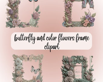 Vlinder en gekleurde bloemen Frame Clipart, Butterfly Clipart, Aquarel Butterfly, Floral Frame Clipart, Instant Download
