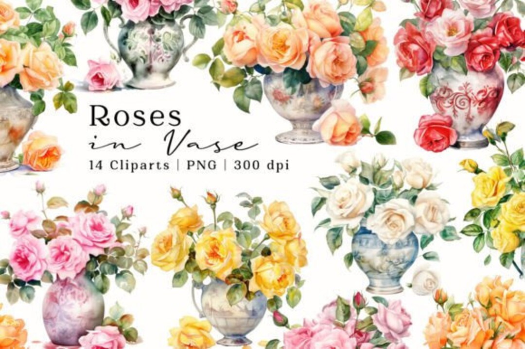 Roses Vintage Flowers Vase Watercolor, Digital Paper Craft, Instant