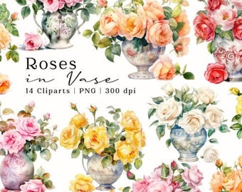 Roses Vintage Flowers Vase Watercolor, Digital Paper Craft, Instant Download