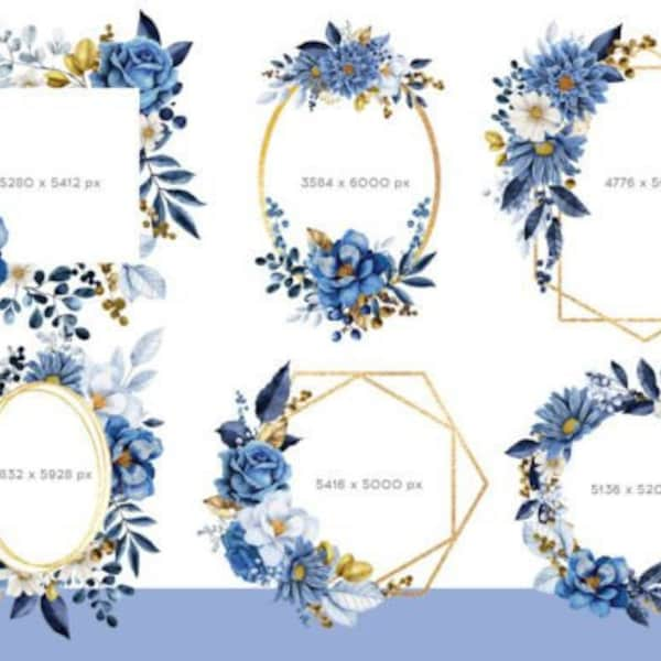 Navy Blue Flower and Gold Leaves Watercolor Frame Clipart, Watercolor Frame, Digital Floral Clipart, Commercial Use, Instant Download