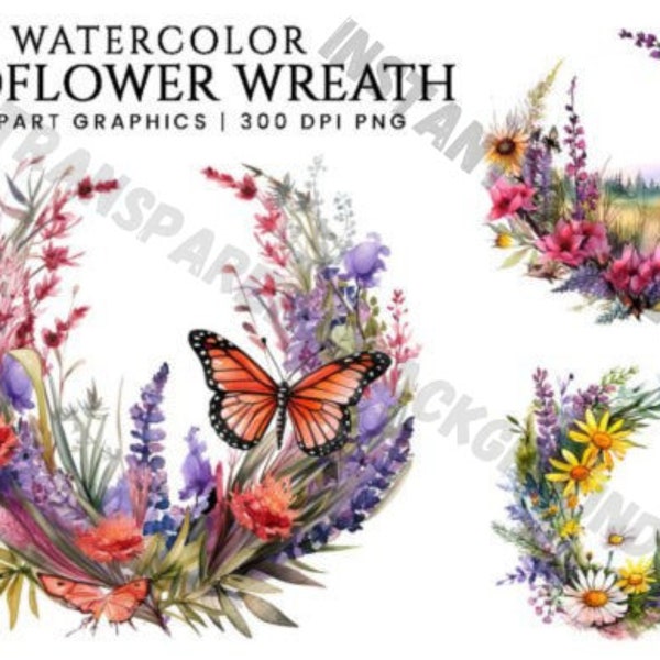 Watercolor Wildflower Wreath Clipart, Wildflower Clipart, Wildflower PNG, Watercolor Logo, Watercolor Butterfly, Floral Spring Clipart