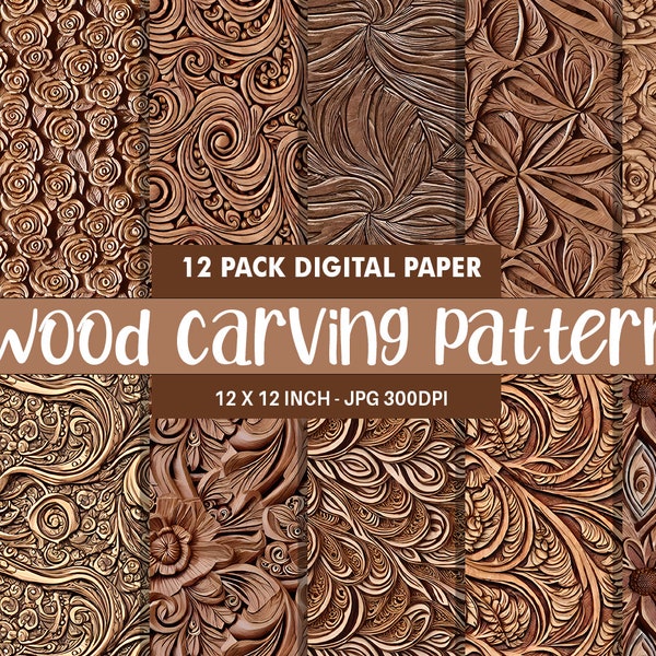 Wood Carving Pattern Digital Paper, Printable Digital Paper, Wooden Backgrounds, Instant Download for Commercial Use