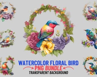 Könnte beinhalten: Ein Set mit acht Aquarell-Blumen-Vogel-Illustrationen mit transparentem Hintergrund. Jede Illustration zeigt einen bunten Vogel, der auf einem Kranz aus Blumen sitzt.