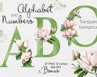 Alphabet and Numbers Watercolor PNG, 26 Floral Letters Clipart, 1 to 9 Floral Numbers Clipart, Stickers, Digital Print, Instant Download