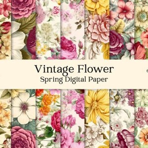 Vintage Spring Flower Digital Paper, Printable Papers, Spring Digital Paper, Scrapbook Paper, Instant Download for Commercial Use