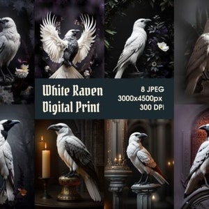 White Raven Gothic Digital Print, Raven Digital Print, Gothic Wall Decor, Instant Download for Commercial  Use