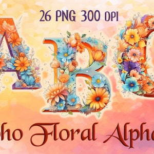Boho Floral Alphabet Clipart, 26 lettres florales, décor de mariage, lettres décoratives, art mural imprimable, fleurs Boho, téléchargement immédiat