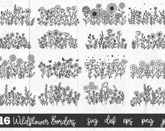 Wildflower Border SVG, 16 wildflower SVG bundle, Wildflower Border SVG, Wildflower Clipart, WildFlower svg, png, eps, dxf, Instant Download