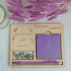 Bloc de notas Post-it de madera y lápiz grabado, regalo personalizado de fin de curso, ama, ATSEM, Amo, Niñera | regalo de madera | Gracias