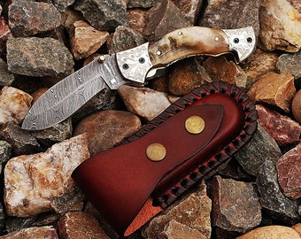 Hand Forged Damascus Steel Folding Knife, Ram Horn Handle, Leather Sheath