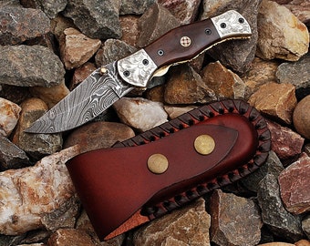 Hand Forged Damascus Steel Folding Knife – Engraved Bone Handle, Leather Sheath