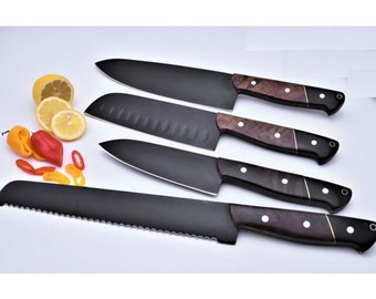 Handmade Carbon Steel Chef Knife Set, Ebony Wood Handle, Wooden Holder
