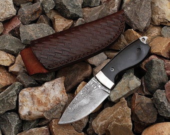 Custom Made Hand Forged Damascus Steel Skinner + Sheath