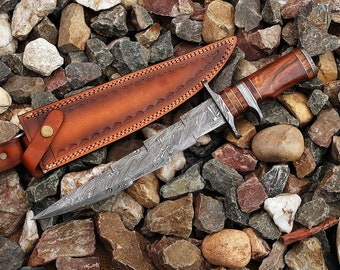 Hand Forged Damascus Steel Bowie Hunting Knife, Rosewood Handle, Leather Sheath