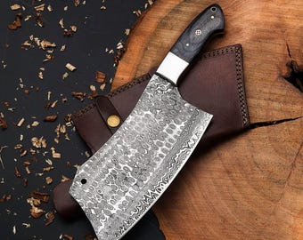 Hand Forged Damascus Cleaver Knife – Professional Kitchen Chopper with Charcoal Handle – Cooking Lover Gift