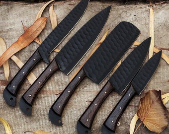 Hand Forged Carbon Steel Chef Knife Set with Leather Roller, Optional Wooden Holder