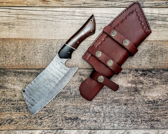 Damascus Chef Cleaver, Micarta Wood Handle, Leather Sheath