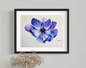 オリジナルブルーアネモネ水彩画：花のボタニカルアート（A4） - Etsy 日本