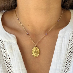Virgin Mary Amethyst Necklace • Stainless Steel and Natural Stone Jewelry for Women • Minimalist and Elegant Style • &quot;Maria&quot;