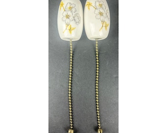 Vintage Ceramic Ceiling Fan Pull Chains Floral Porcelain Brass Bell Ends Pair