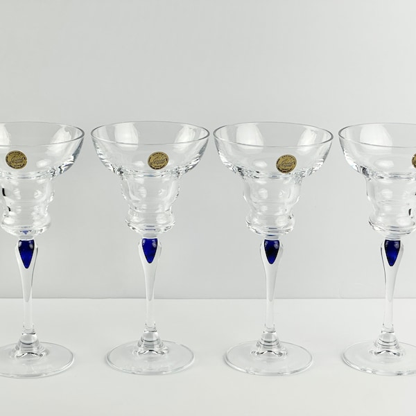 Cristal D'Arques Venise Saphir Glass Candlestick Holders-Cobalt Blue Teardrop Clear Stem Candle Holder-Set of 2 (2 Available)