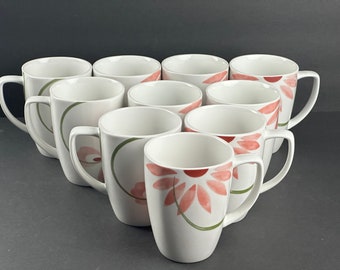 Corelle Coordinates Pretty Pink 4 1/4” Square Mugs Pink Floral Green Swirl Stem-All Occasion Drinkware Decor-Set of 10