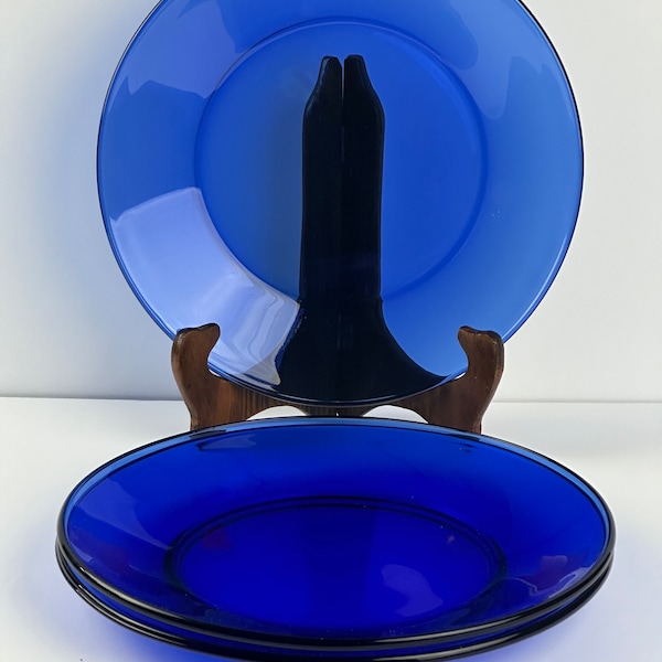 Set of 3 Cobalt Blue 9” Luncheon Plates-Pressed Glass Blue Rim-MCM All Occasion Dinnerware