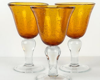 Amber Hand Blown 8 oz. Goblets-Bell-Shaped Wine Glasses-Bubble Infused Clear Stemware-Set of 3