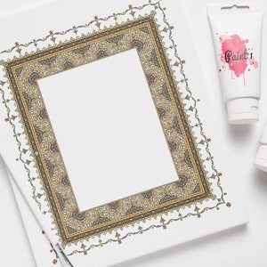 May include: A white canvas with a gold and green ornate frame. Two tubes of paint are on the right side of the canvas. One tube says "Paint 1" and the other says "Paint 2".