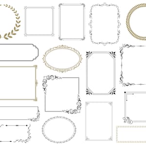Puede incluir: Una colección de varios marcos decorativos en diferentes formas y estilos. Los marcos incluyen diseños rectangulares, ovalados y circulares, con detalles y adornos ornamentados. Algunos marcos presentan coronas de laurel, mientras que otros tienen patrones florales o geométricos.