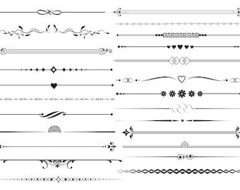 May include: A set of 15 black and white decorative divider lines. The lines are made up of various patterns, including floral, geometric, and abstract designs.