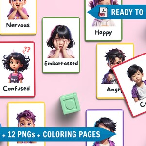 Flashcards de emoções e sentimentos, flashcards de comunicação, ferramentas de reconhecimento de emoções, flashcards de saúde mental, cartões de alfabetização educacional
