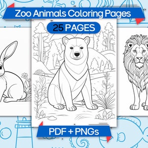 Zoo Animals Coloring Pages For Kids,Animal Coloring Sheets, Printable Zoo Animal Pages, Children&#39;s Coloring Book, Wildlife Coloring Pages