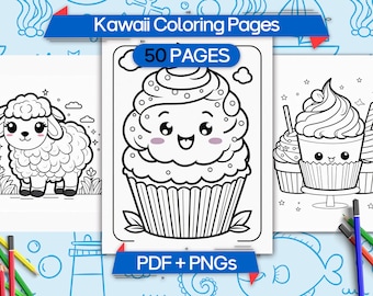 Kawaii kleurplaten, kawaii voedsel en dieren kleurplaten, schattige afdrukbare kleurplaten, digitale kawaii kleuren, schattige kleurplaten