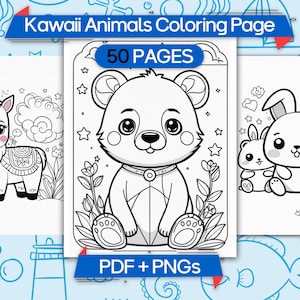 Cute Kawaii Animals Coloring Pages, Printable animal coloring sheets, Digital coloring pages, Adorable animal illustrations