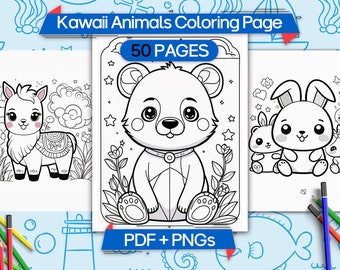 Coloriages d'animaux kawaii mignons, feuilles de coloriage d'animaux à imprimer, coloriages numériques, illustrations d'animaux adorables