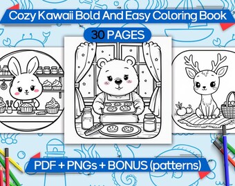 Gezellige Kawaii Vetgedrukte en Gemakkelijke Kleurplaten, schattig digitaal kleurboek, gezellig kleurboek met thema, kleurboek voor ontspanning