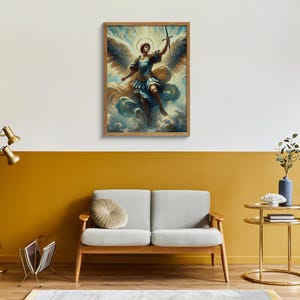 May include: A framed painting depicting an angel with wings, holding a sword, standing on clouds. The angel is wearing a blue and gold robe and has a halo.
