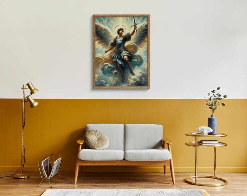 May include: A framed painting depicting an angel with wings, holding a sword, standing on clouds. The angel is wearing a blue and gold robe and has a halo.