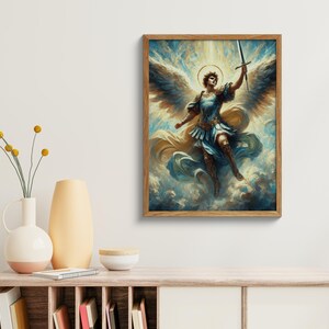 May include: A painting depicting an angel with outstretched wings, holding a sword in their right hand. The angel is clad in armour and a flowing robe, and is surrounded by clouds. The painting is executed in a realistic style with vibrant colours.
