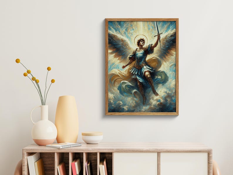 May include: A painting depicting an angel with outstretched wings, holding a sword in their right hand. The angel is clad in armour and a flowing robe, and is surrounded by clouds. The painting is executed in a realistic style with vibrant colours.