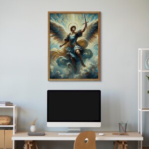May include: A painting of an angel with wings spread wide, holding a sword in their right hand. The angel is wearing a blue and gold robe and is surrounded by clouds. The painting is framed in a wooden frame.