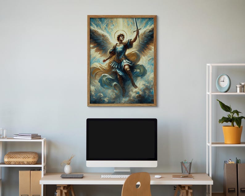 May include: A painting of an angel with wings spread wide, holding a sword in their right hand. The angel is wearing a blue and gold robe and is surrounded by clouds. The painting is framed in a wooden frame.