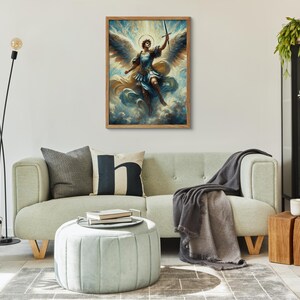 May include: A painting of an angel with wings, holding a sword, standing on a cloud. The angel is wearing a blue and gold robe and has a halo. The painting is framed in wood and has a white background.