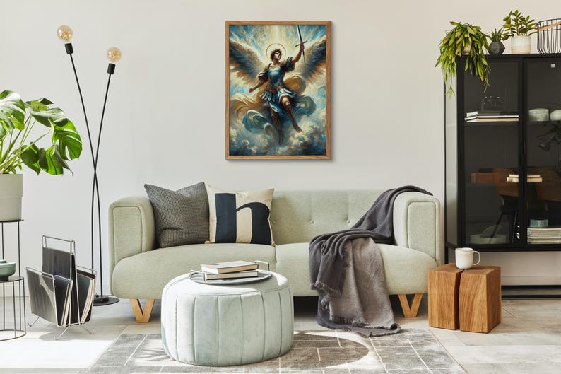 May include: A painting of an angel with wings, holding a sword, standing on a cloud. The angel is wearing a blue and gold robe and has a halo. The painting is framed in wood and has a white background.