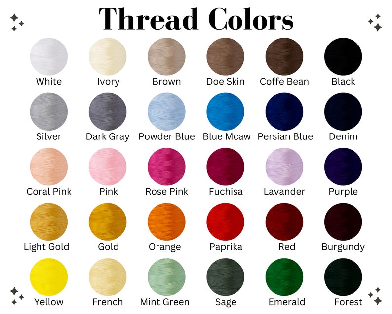May include: A chart of 24 different thread colors, including white, ivory, brown, doe skin, coffee bean, black, silver, dark gray, powder blue, blue mcaw, persian blue, denim, coral pink, pink, rose pink, fuchsia, lavender, purple, light gold, gold, orange, paprika, red, burgundy, yellow, french, mint green, sage, emerald, and forest.