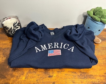 America Embroidery Crewneck / Hoodie, American Sweater, USA Flag Apparel, Veteran Sweater, Vote Day, Red White and Blue, Memorial Day