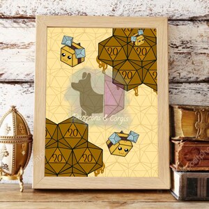 May include: A framed print with a yellow background featuring a cartoon corgi and honeycombs with 20-sided dice. The text "Dungeons & Corgis" is printed on the image. Three cartoon bees are also featured on the print.