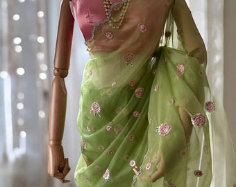 Lime Green Organza Saree : Handembroidered floral saree with pearl border. Mehendi outfit, Party outfit, Indian modern saree