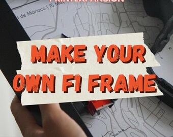 May include: A close-up of a framed map of Monaco with the text "MAKE YOUR OWN F1 FRAME" and "CREATE YOUR OWN MASTERPIECE" printed on a beige background.